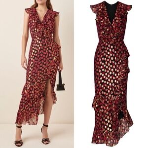 SALONI Printed Anita Dress in Red/Black/Gold Burnout Ruffle Size 2